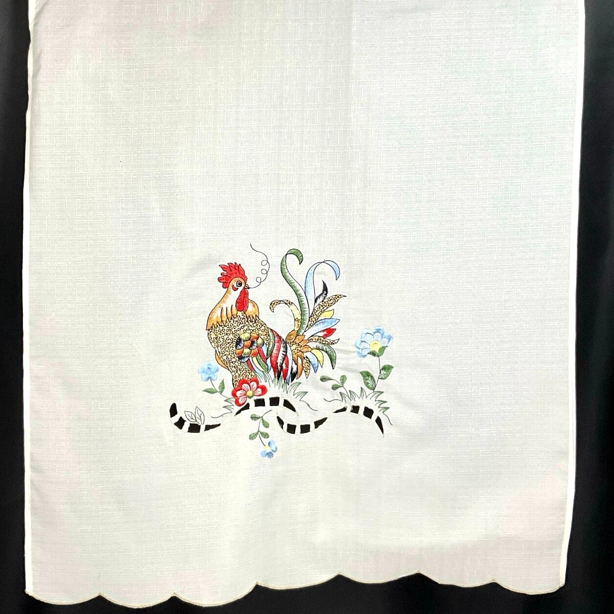 Embroidered Sequined Rooster Cafe Curtain Scalloped Hem Rod Pocket Country Glam