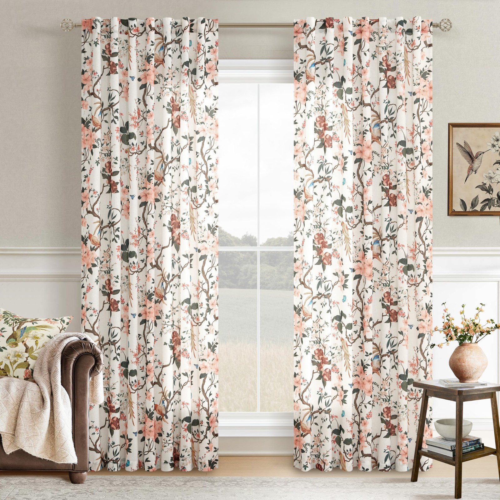 2 Panel 96″L Beige White Floral Linen Curtain Semi Sheer Light Filtering SEELUCK