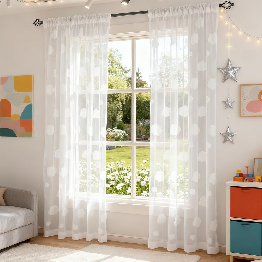 White Cloud Pattern Semi Sheer Curtains for Kids Bedroom | Light Filtering Rod P