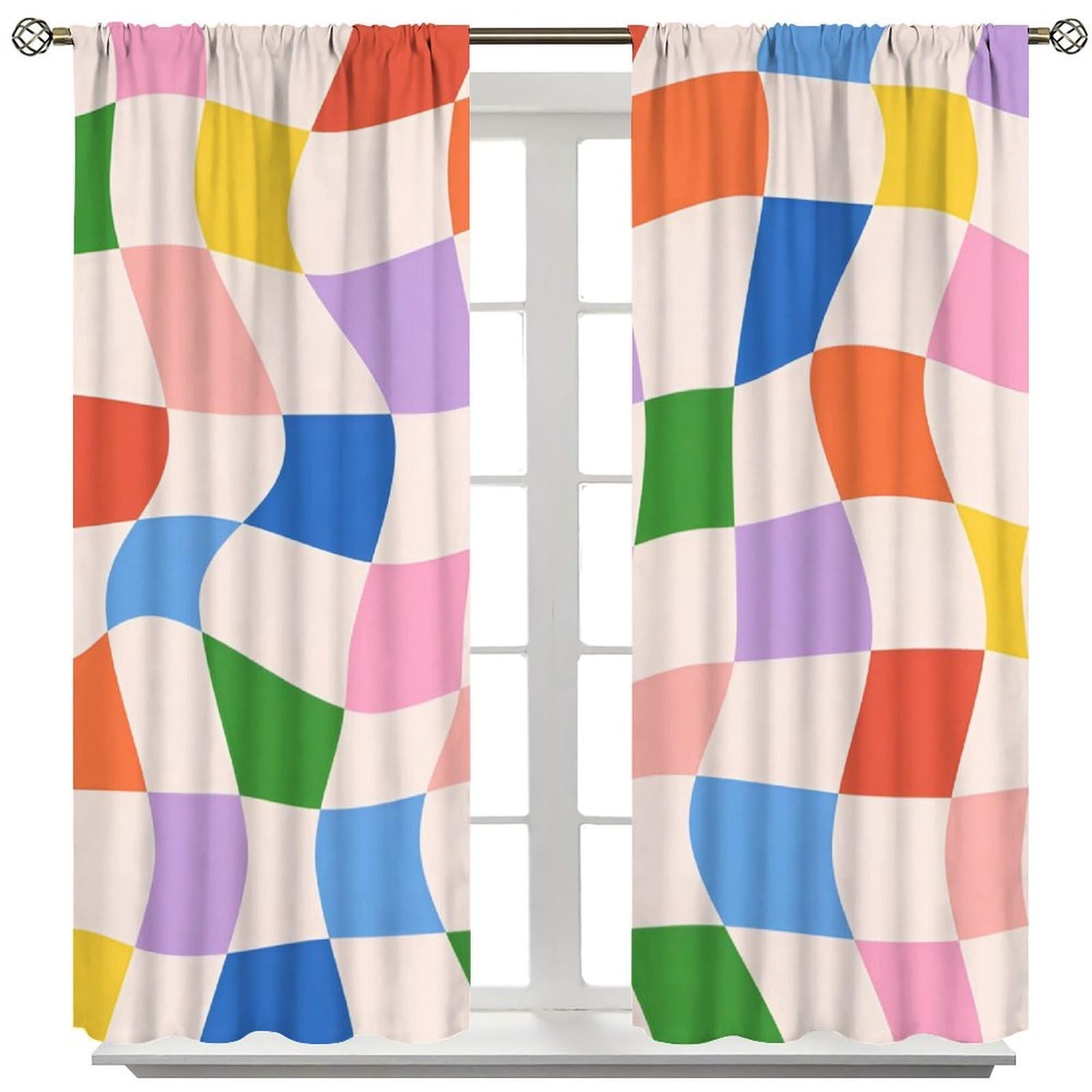 Checkerboard Rainbow Curtains, Boho Vintage 70s Colorful Square Abstract Wavy…