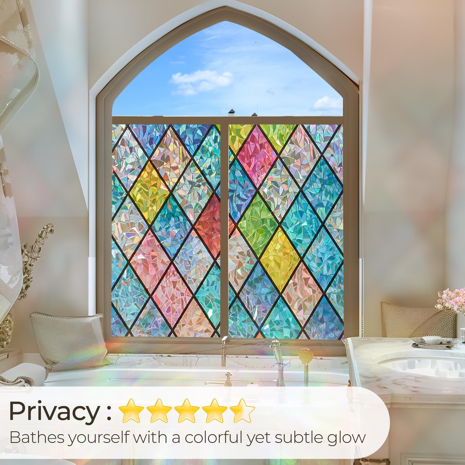 Window Privacy Film Stained Glass,Rainbow Window Film Decorative Peel and Stick