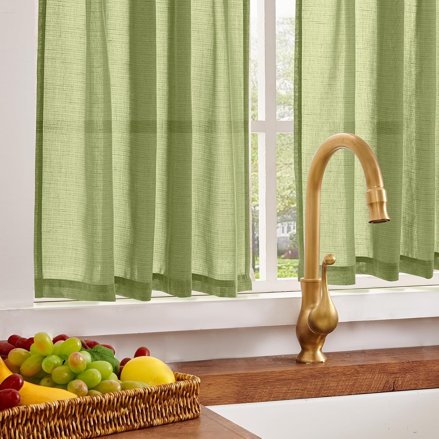 jinchan Linen Pinch Pleated Kitchen Curtains 24 Inch 2 Panels, Natural Linen Tie