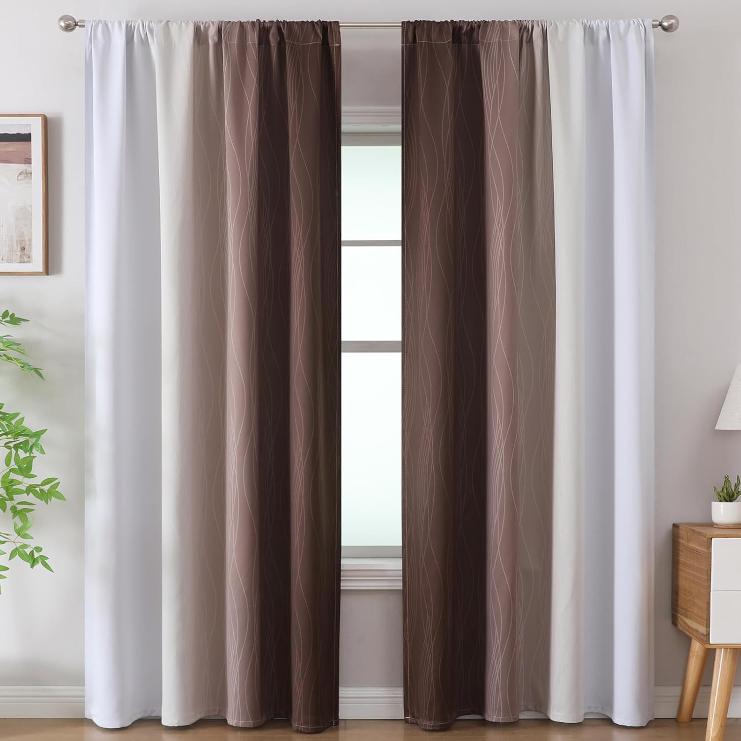 Brown and Greyish White Gradient Blackout Curtains for Living Room, Thermal Insu