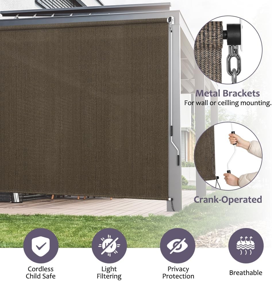 Patio Shades Roll Up Outdoor Blind, 10′ W x 8′ H Cordless Sun Shade Screen with