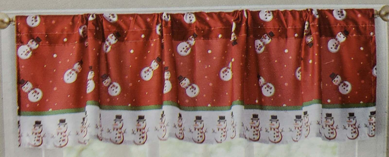 3pc Curtains Printed Set: 2 Tiers (28″)& Valance (56″x14″)SNOWMEN ON RED,Holiday
