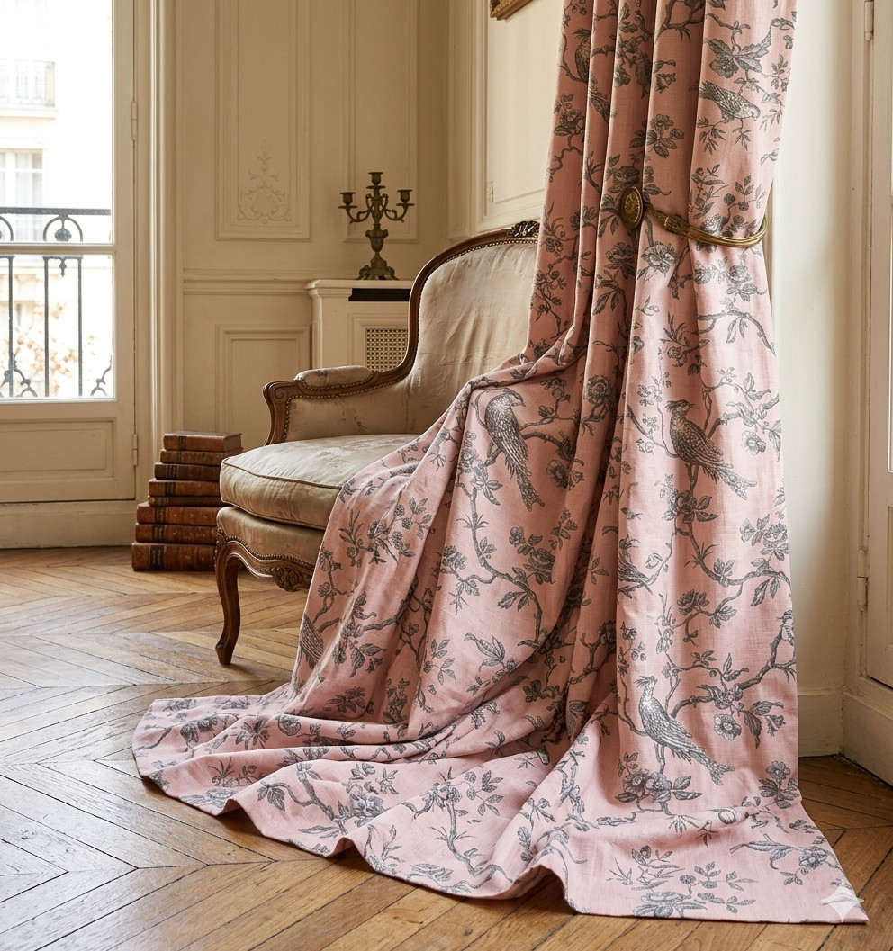 2 DRAPES French Messange Bird Toile on Pink Cotton Imported From France HTF