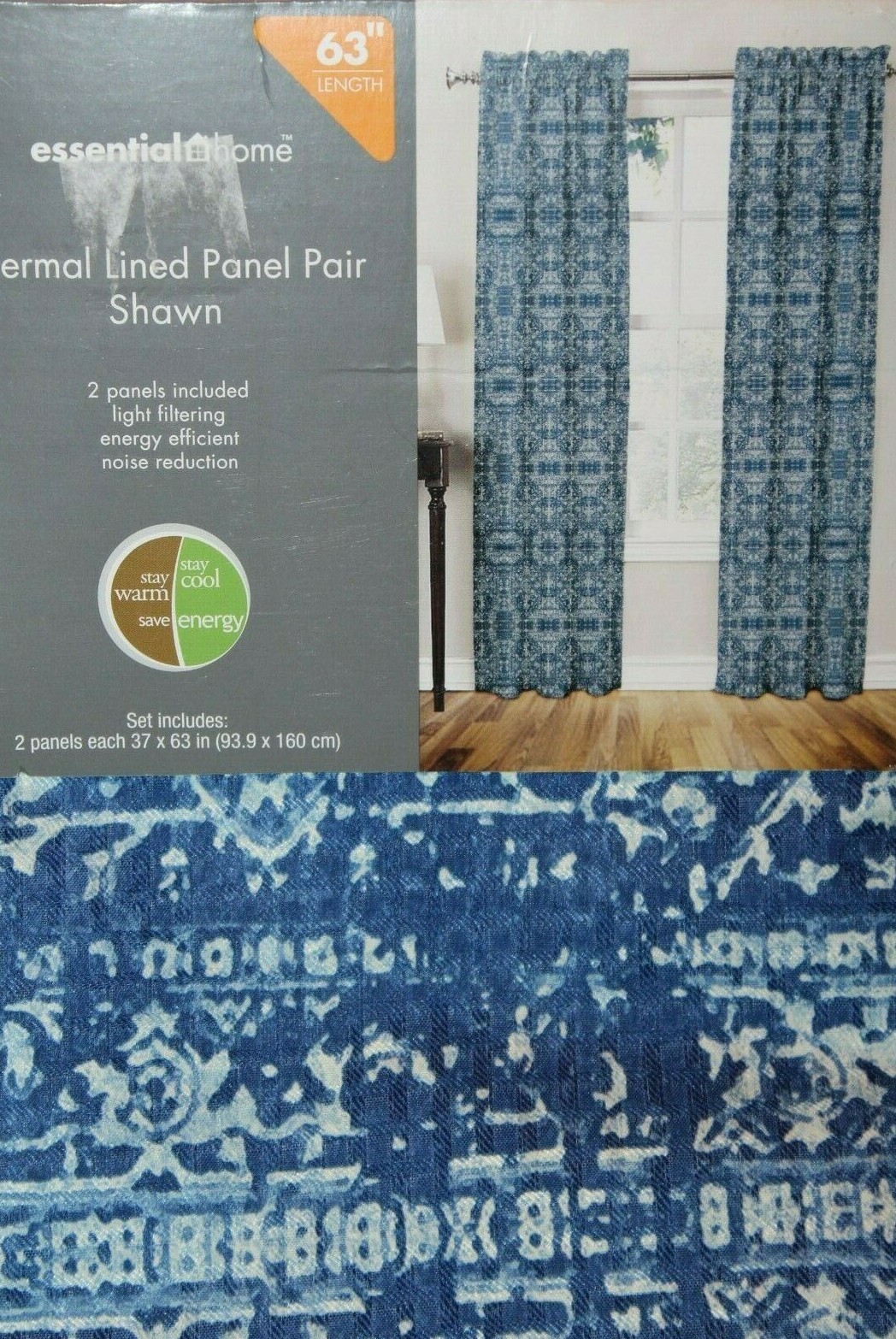 Essential Home Thermal Lined Shawn Indigo Print Panel Pair – 2 Panels 37×63″ ea