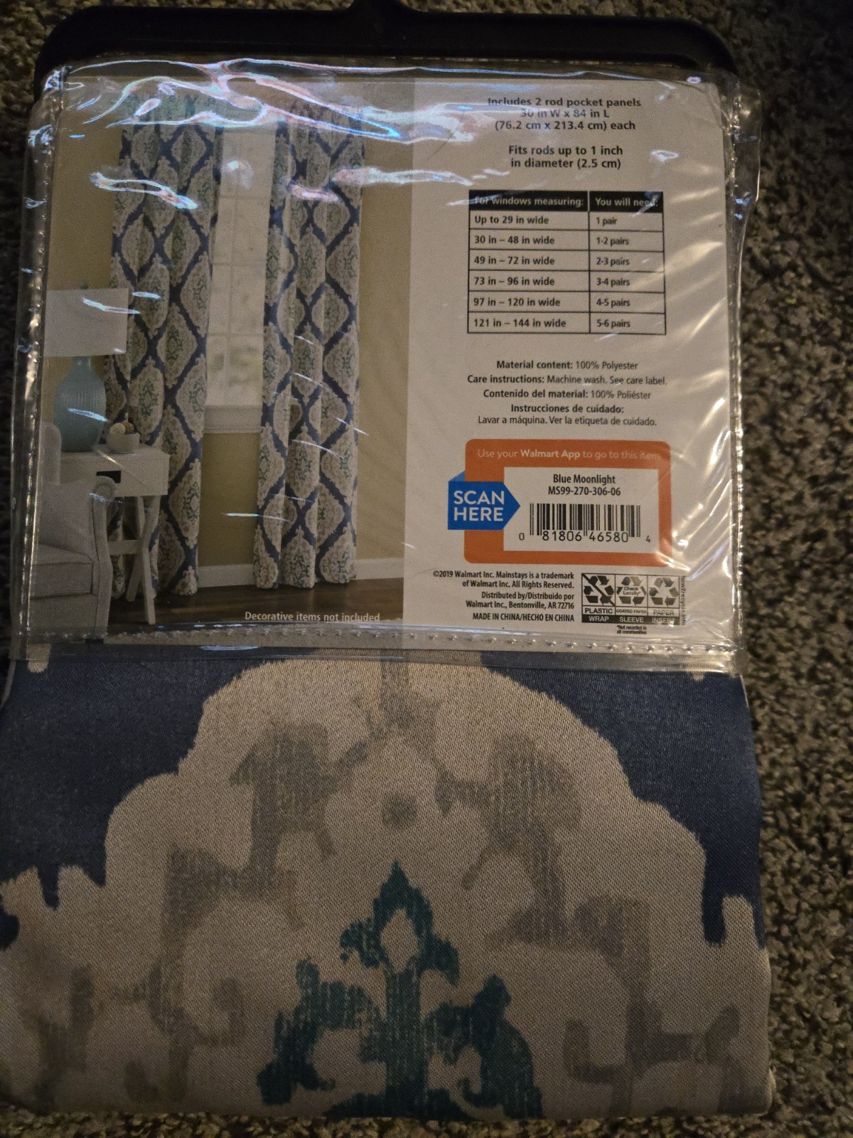 Mainstays Room Darkening Rod Pocket Curtain 84″ X 30″ Light Blue IKAT 2 Panels