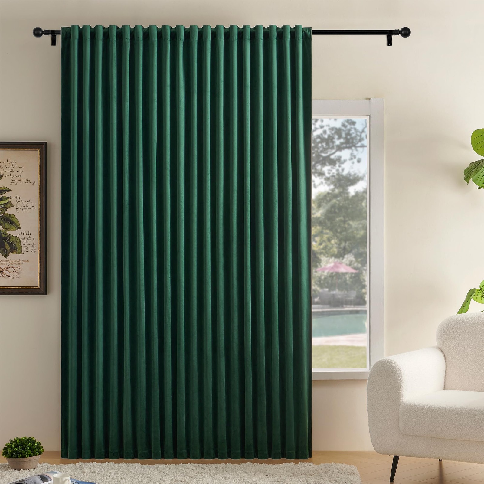 Dark Green Pleat Back Tab Velvet Curtains W104 x L96 inches 1 Panel, Room Dar…