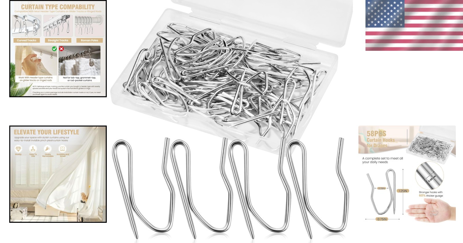 1.25IN Curtain Hooks for Drapes, 58PCS Rustproof Metal Drapery Hooks Pin
