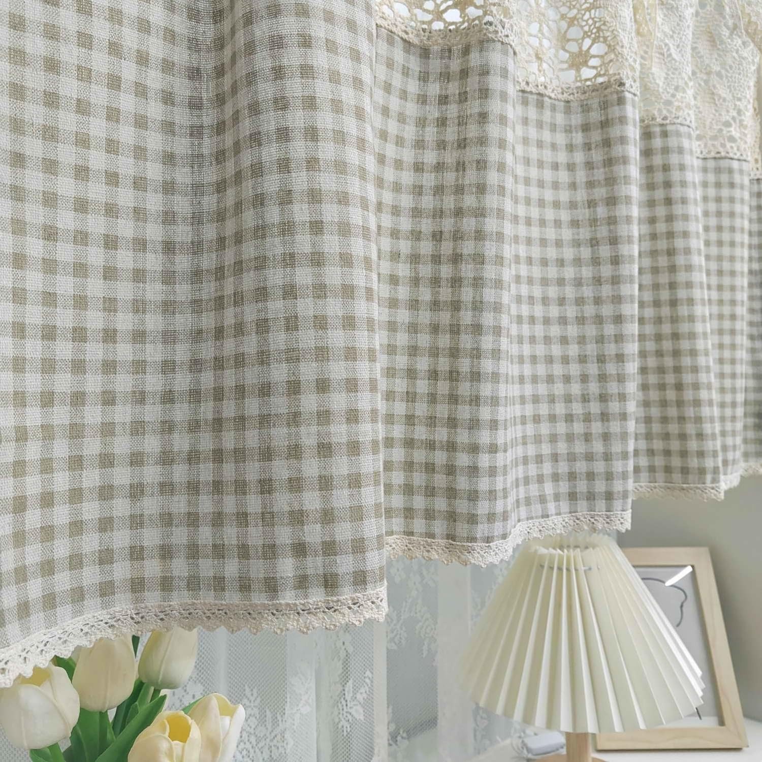 Vintage Buffalo Plaid Valance Stitching Crochet Kitchen Short Curtain Tier Li…