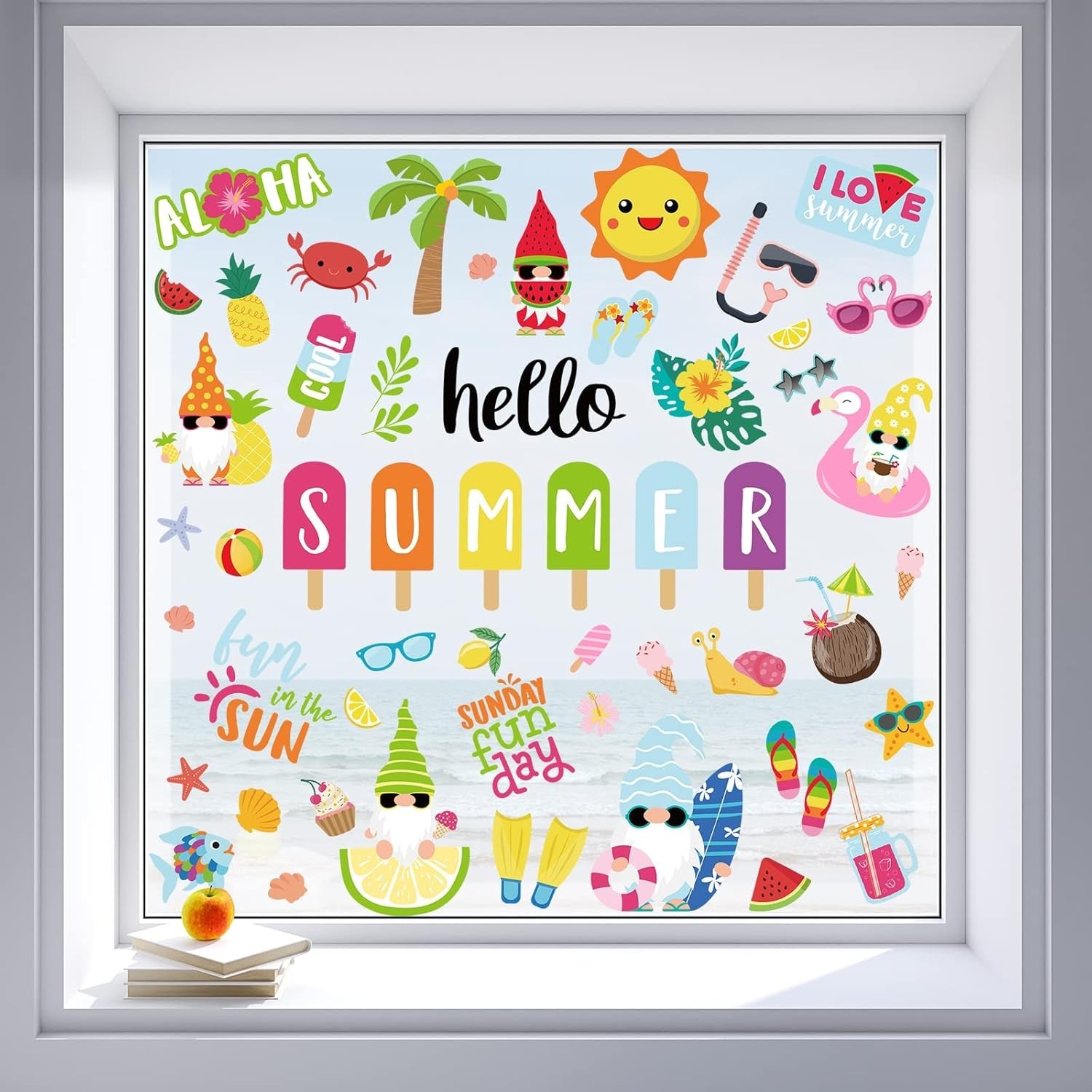 9 Sheets Summer Window Clings Cartoon Gnome Ice Lolly Prints Double-Sided Win…
