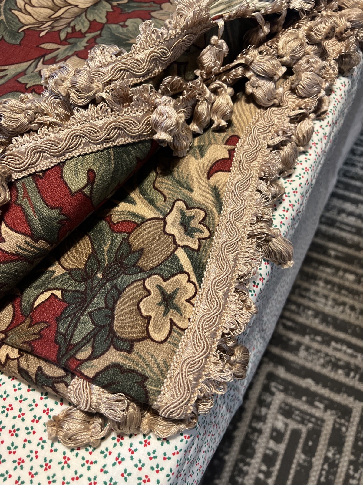 Vintage Custom Scalloped 130” Valances Set of 4 Floral Tapestry Lined w/ Fringe