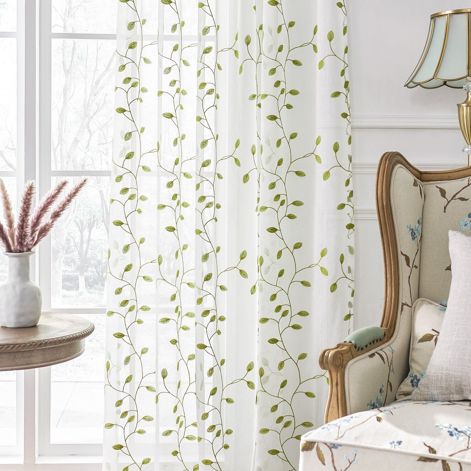 2 Panels Embroidered Leaves Semi Sheer Voile Window Curtains Drapes Living Room