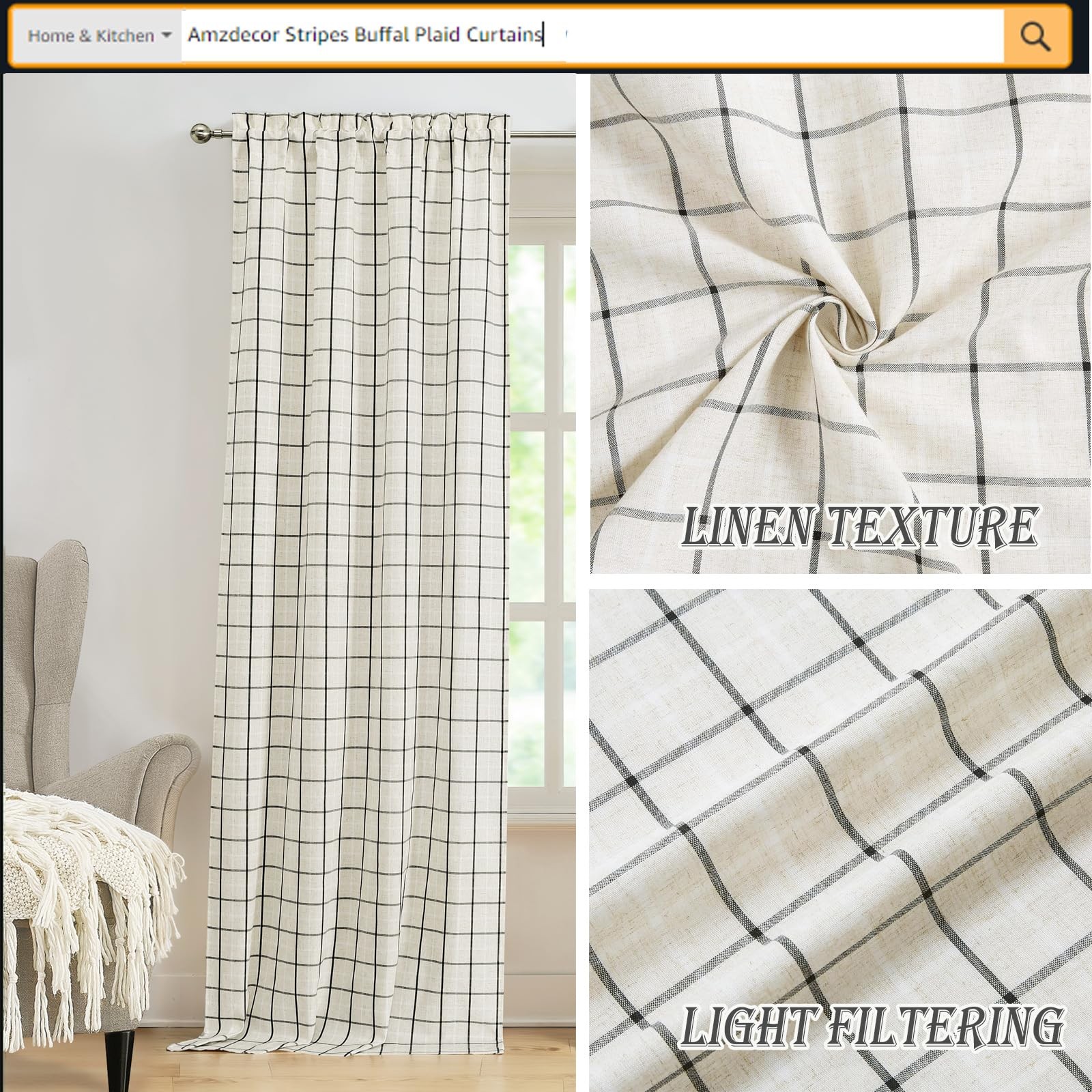 Amzdecor Buffalo Plaid Window Treatment 40″W x 84″L (Pack of 2), Beige/Black