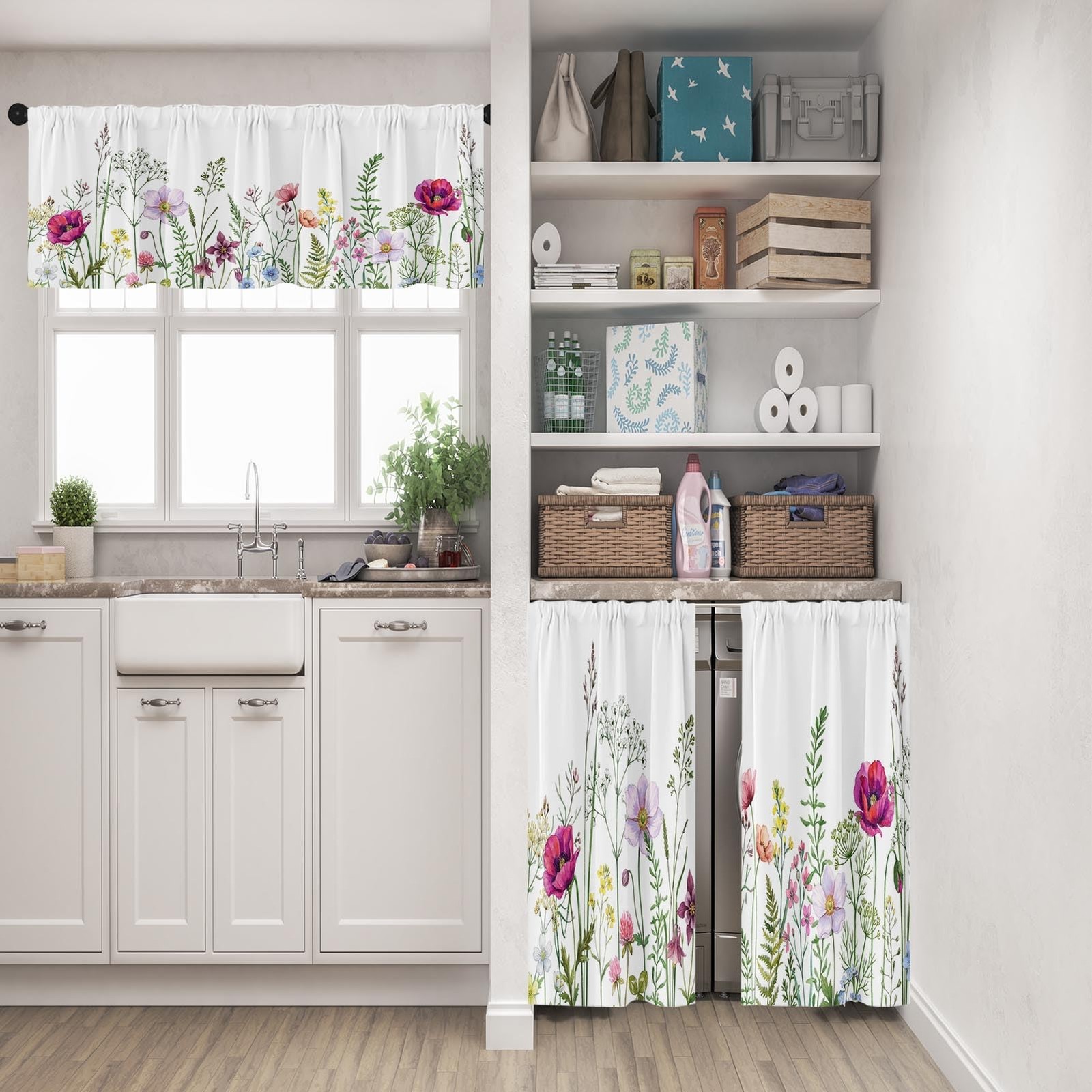 Spring Flower Kitchen Window Curtains Valance and Tier Set 36 Inch, Pink and …