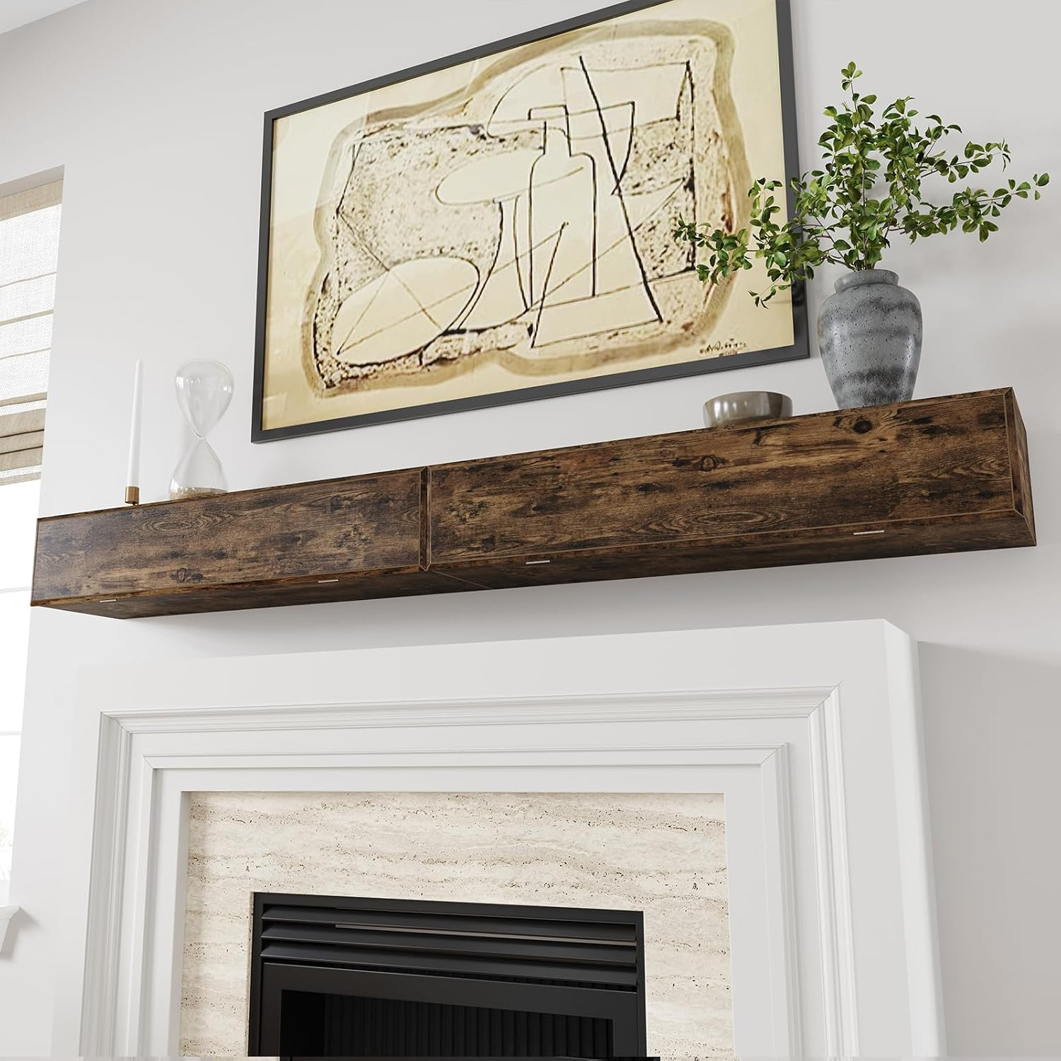 72″ Rustic Floating Mantel Shelf with Hidden Storage – Brown MDF