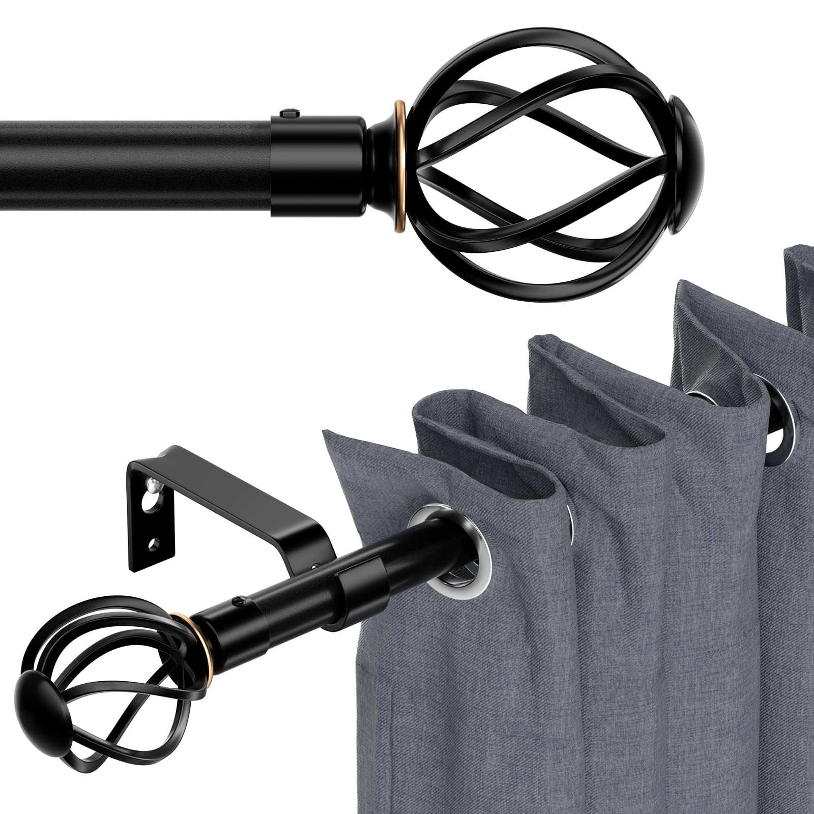 Black 5/8 Curtain Rod Set, 40-62 Inch, Twisted Cage Finials, Heavy Duty
