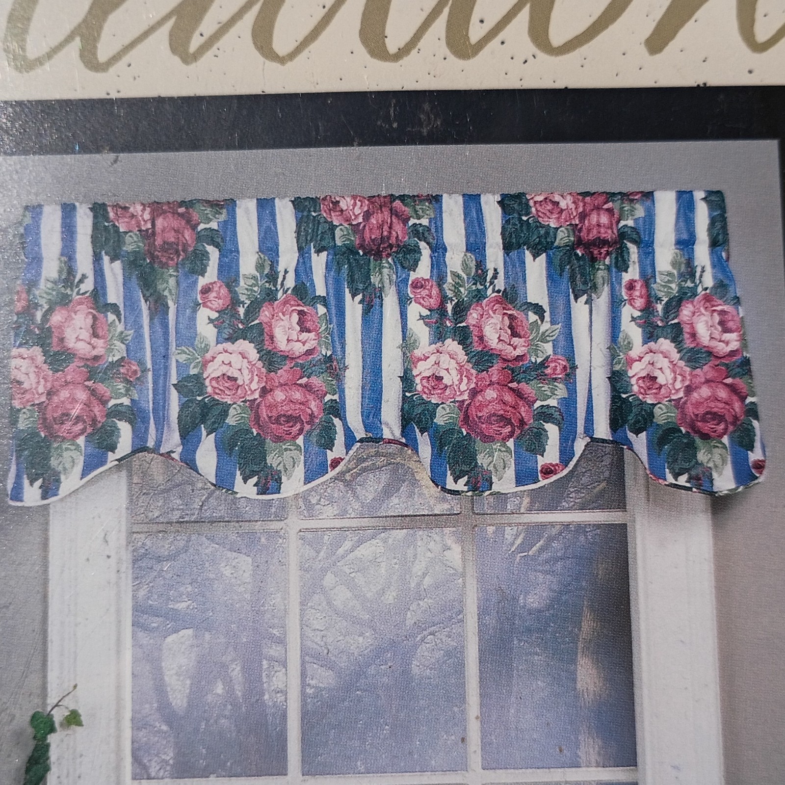 CURTRON Curtain Valance Elegant Creations Scalloped Kate Rose Blue Stripe 90s