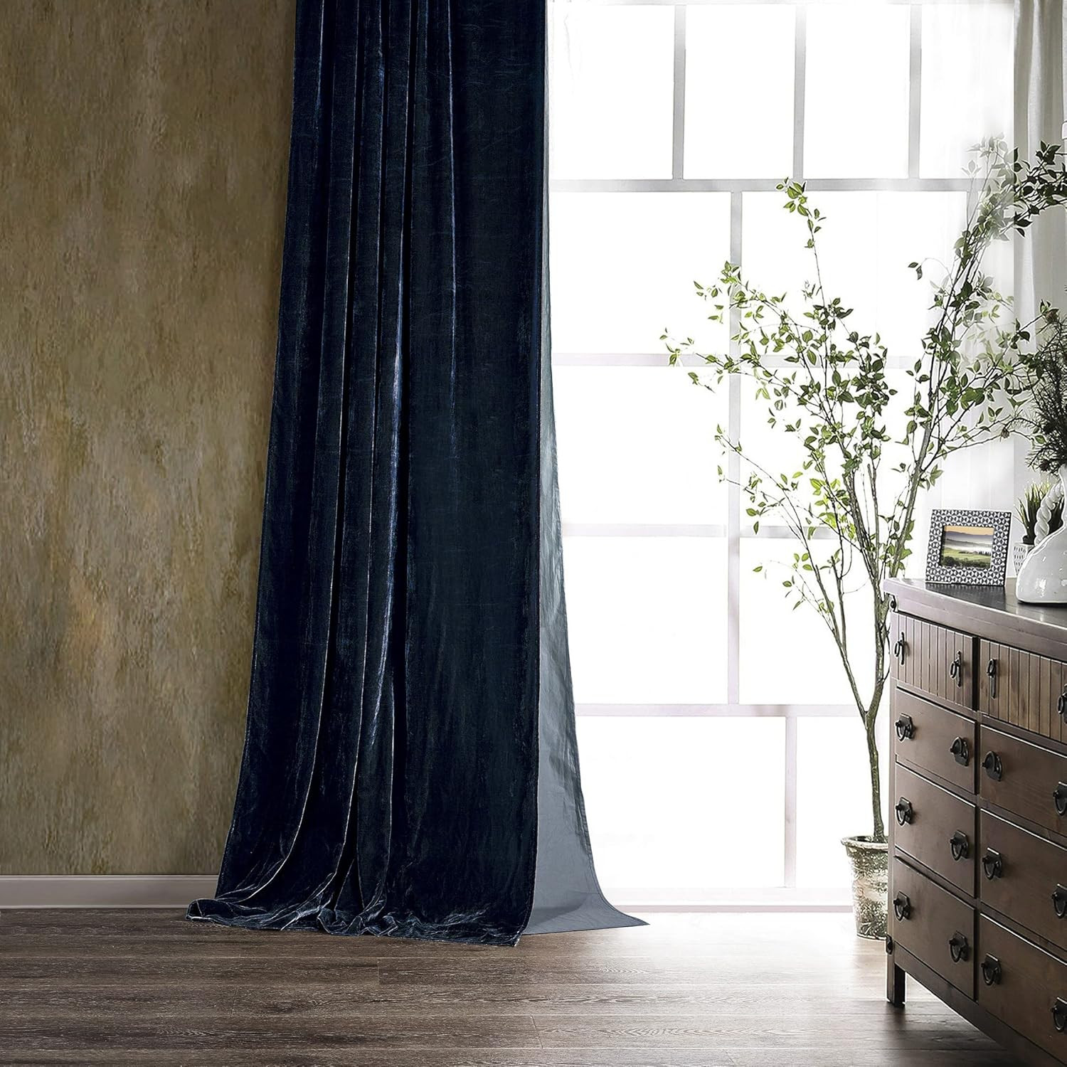Elegant Midnight Blue Faux Silk Velvet Curtains, 48×108 Inch Rod Pocket Drapes