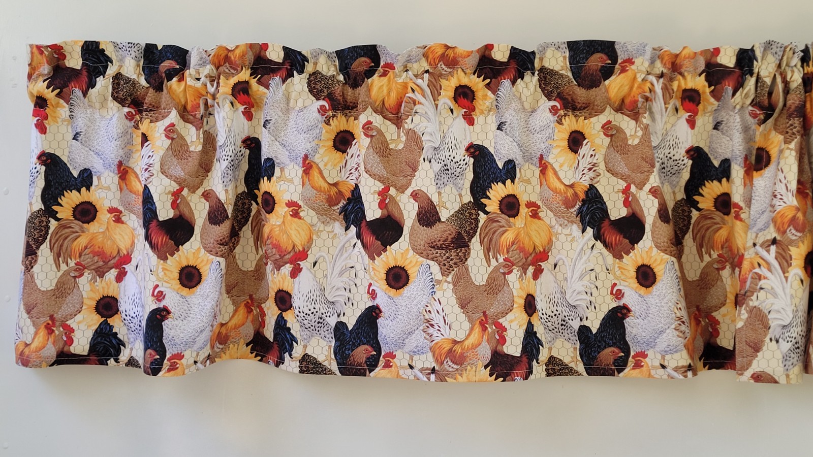 Farmhouse Chicken Valance, Rooster Sunflower Kitchen Curtain