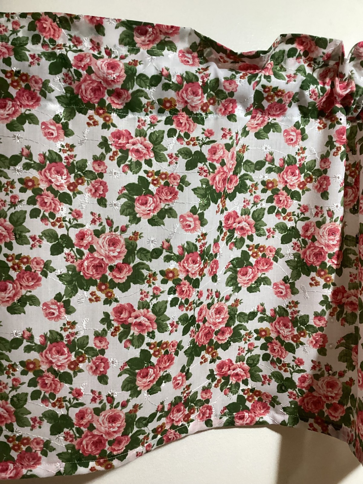 Handmade Large Pink Rose Eyelet Poly/ Cotton Valance, 42 X 15 INCHES