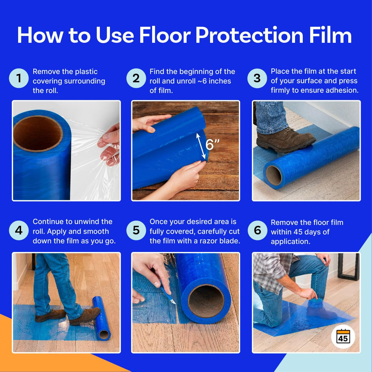 Blue Self-Adhesive Floor Protection Film 24″ x 500′ for Moving & Painting
