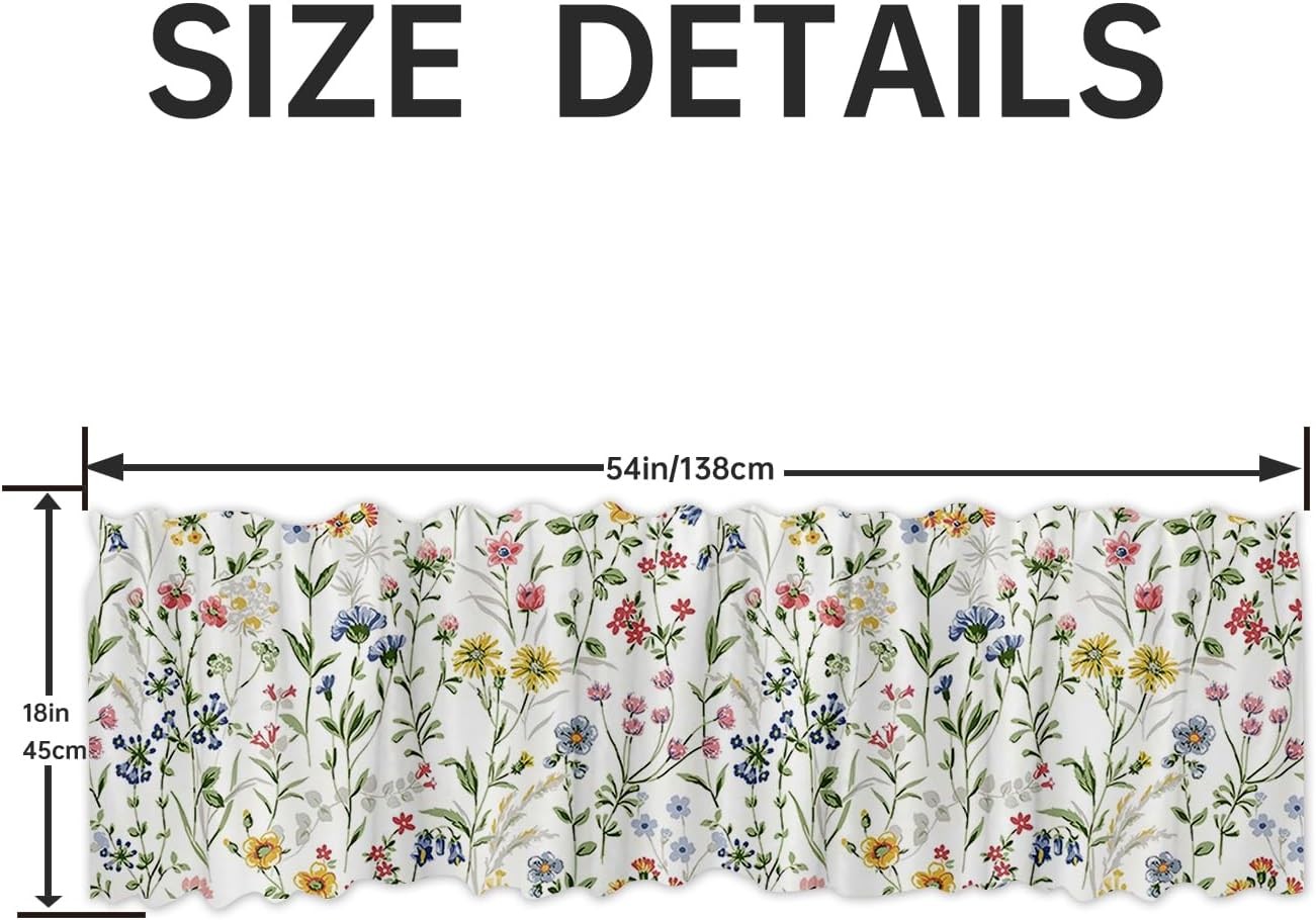 54×18 Inches Watercolor Floral Window Treatment Valance Farmhouse Wildflowers