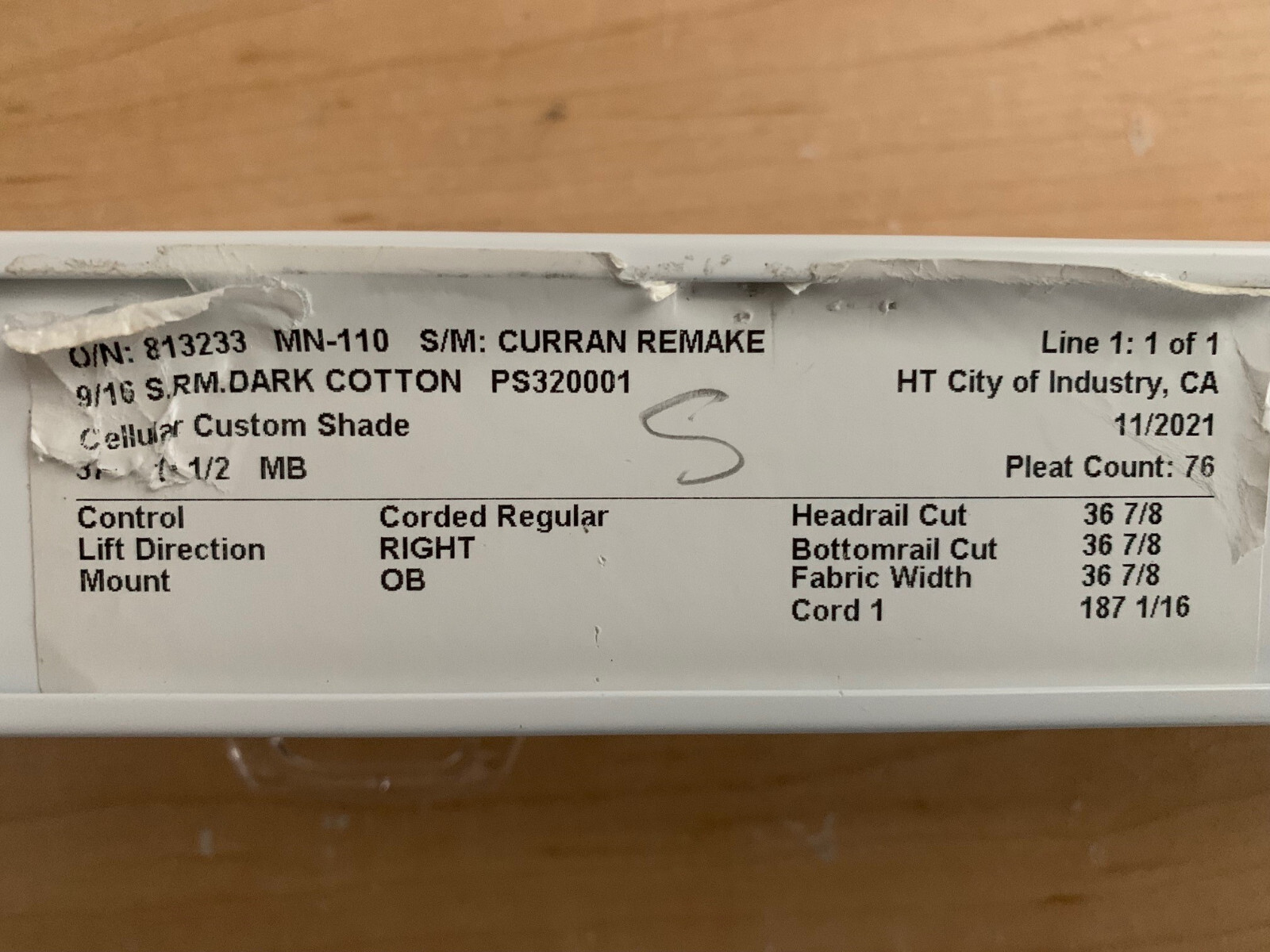 White Honeycomb Custom Cellular Right Hand Corded Shade 36 7/8″ x 96″ max.
