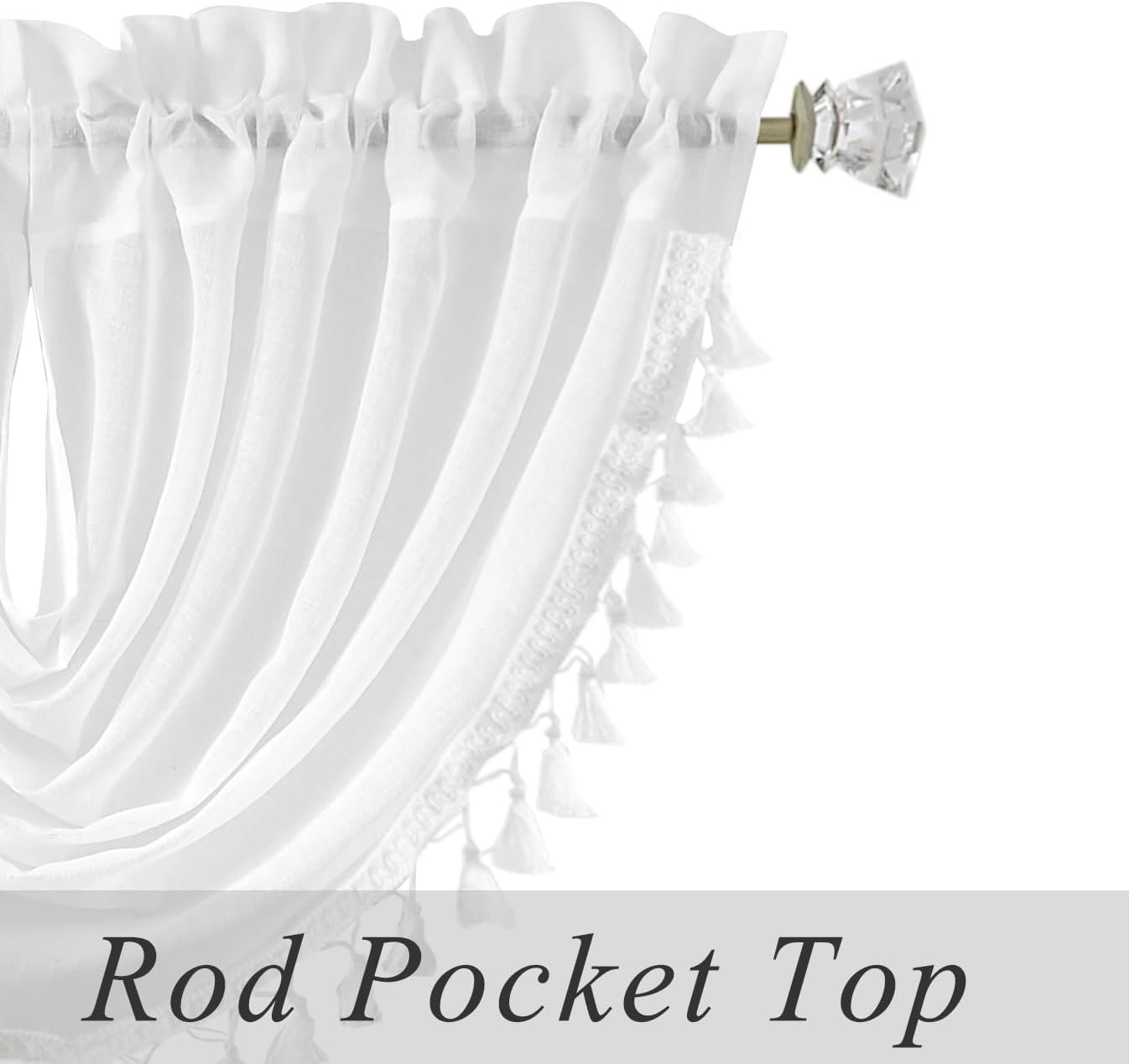White Solid Waterfall Valance Window Curtain Linen Texture Rod Pocket with Tasse