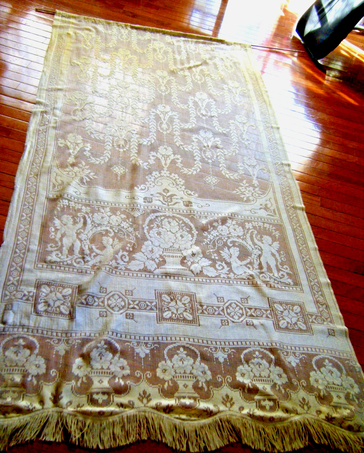 Antique 19c curtain panel darnet silk filet net cherubs flower garland fringes