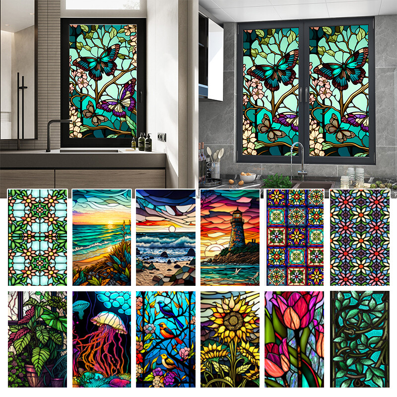 Colorful Retro Flower Birds Window Glass Electrostatic Stickers Removable