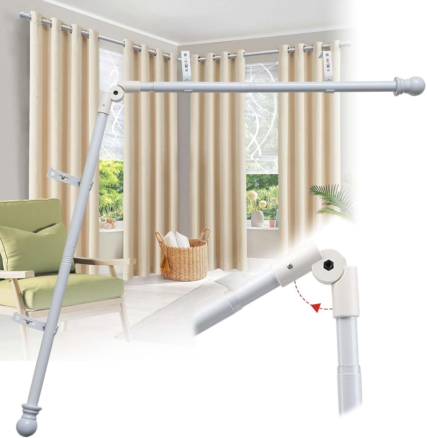 Corner Window Curtain Rod, 1″ Heavy Duty L-Shaped Curtain Rods, 36-136″ Adjustab