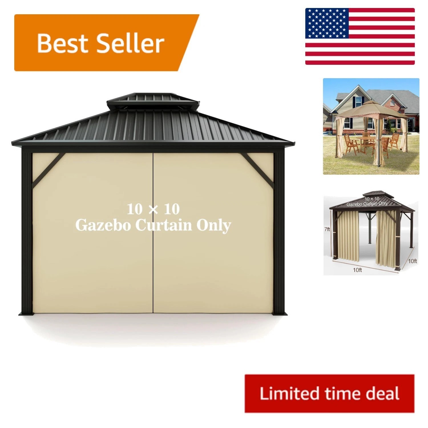 Universal Beige Replacement Privacy Curtain for 10′ x 10′ Gazebos – Easy Install