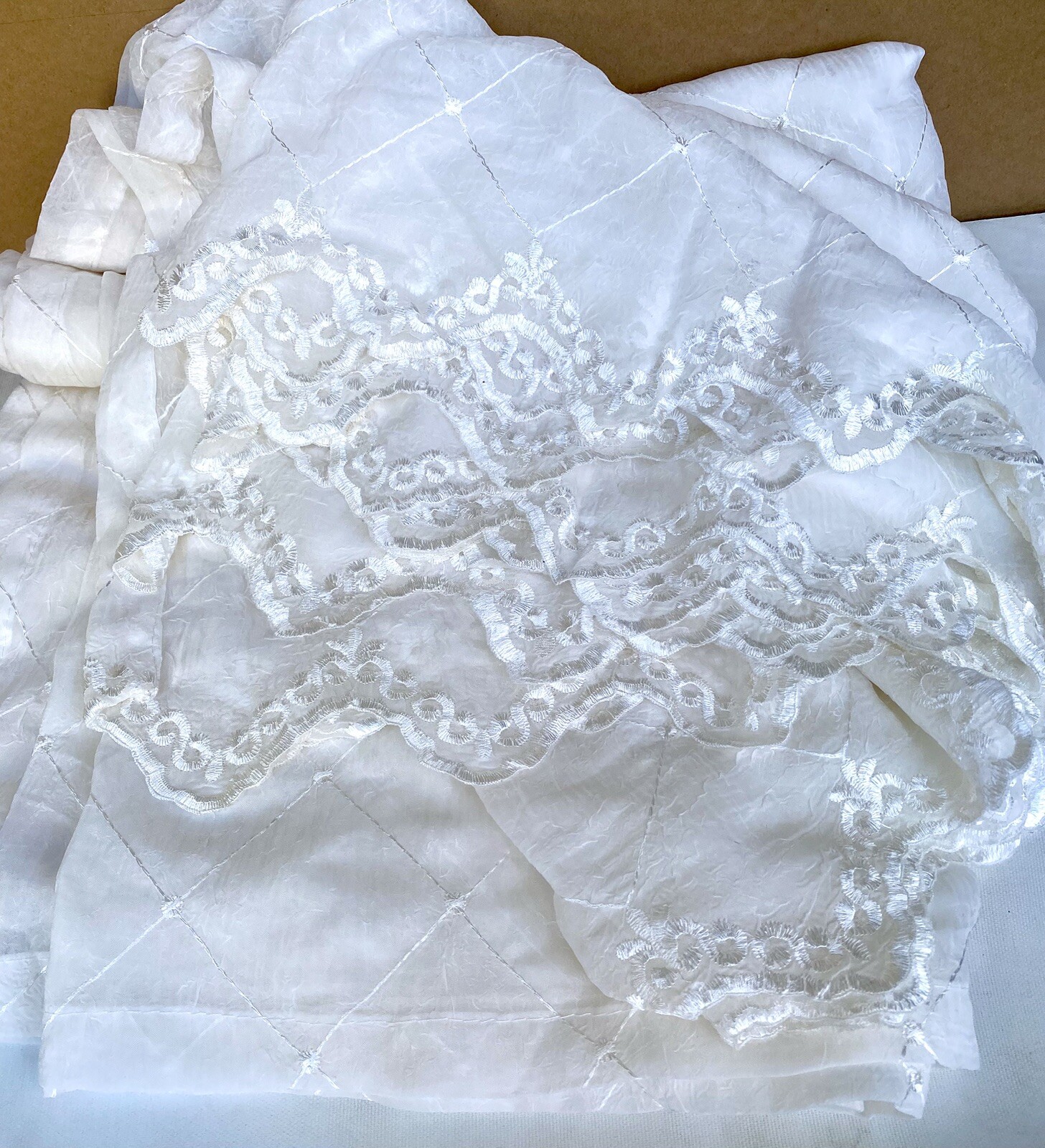 Diamonds Voile Embroidered Scalloped Sheer 42×216” Window Drapes Scarf Ivory NIP
