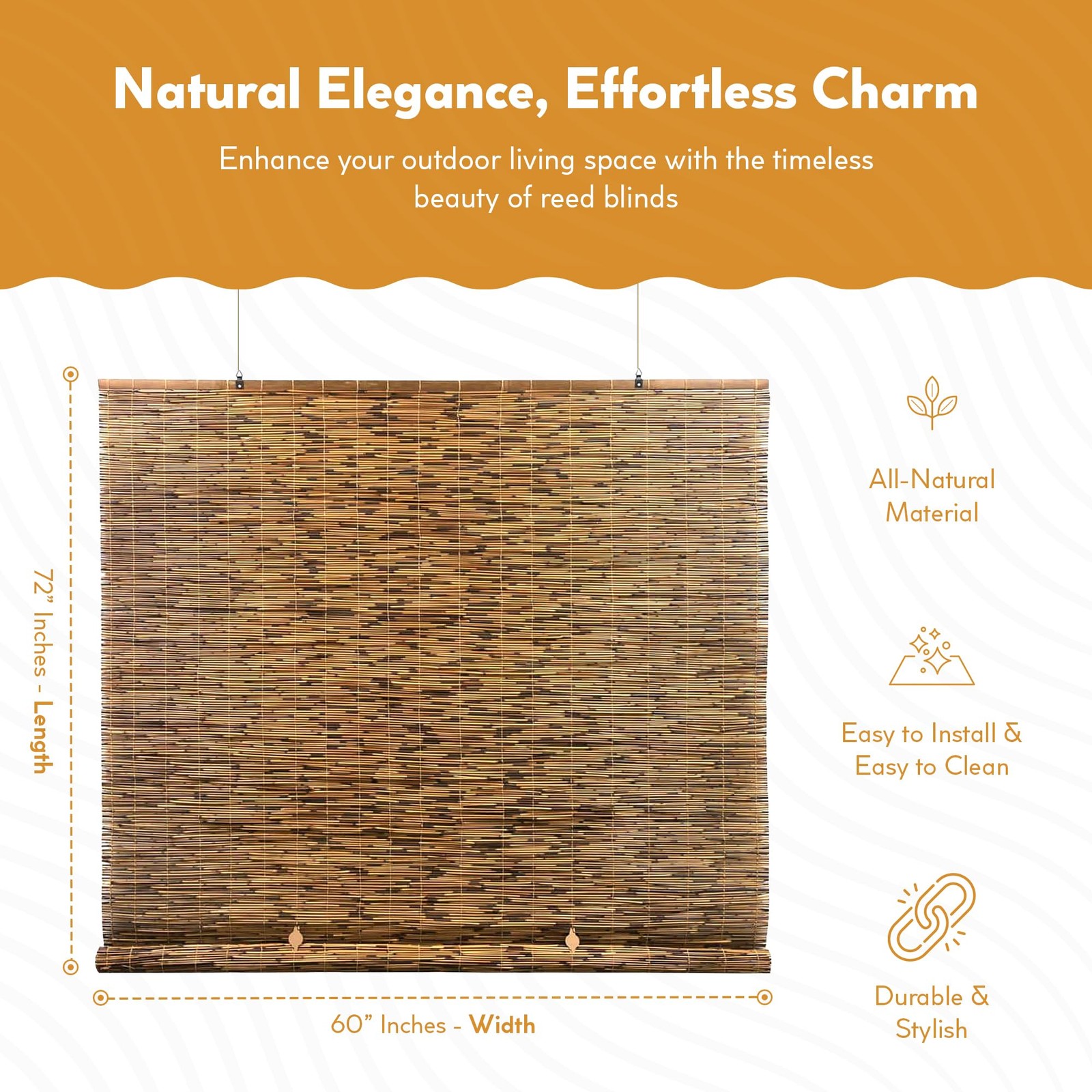 Radiance Cord Free Bamboo Shades – Roll-Up for 60″W x 72″H, Cocoa