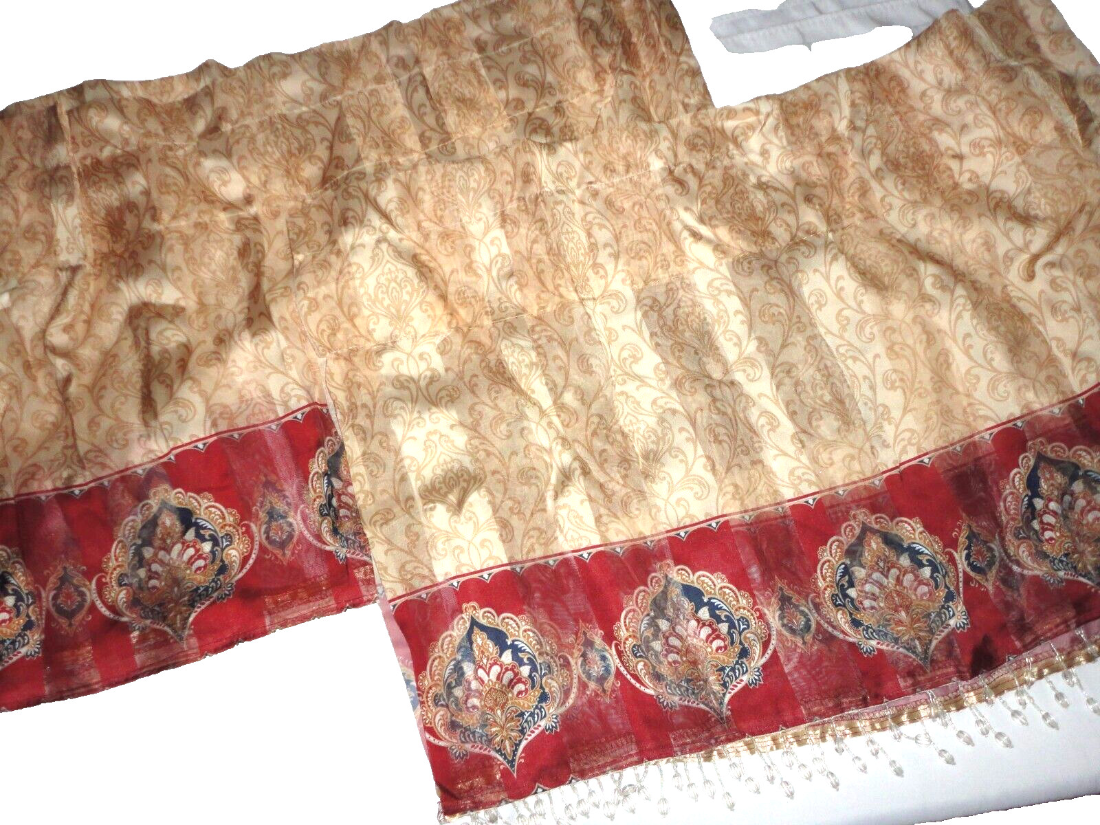 S. LICHTENBERG MARRAKESH RED BLUE TAN BEADED SEMI SHEER (2) VALANCES 59 X 18