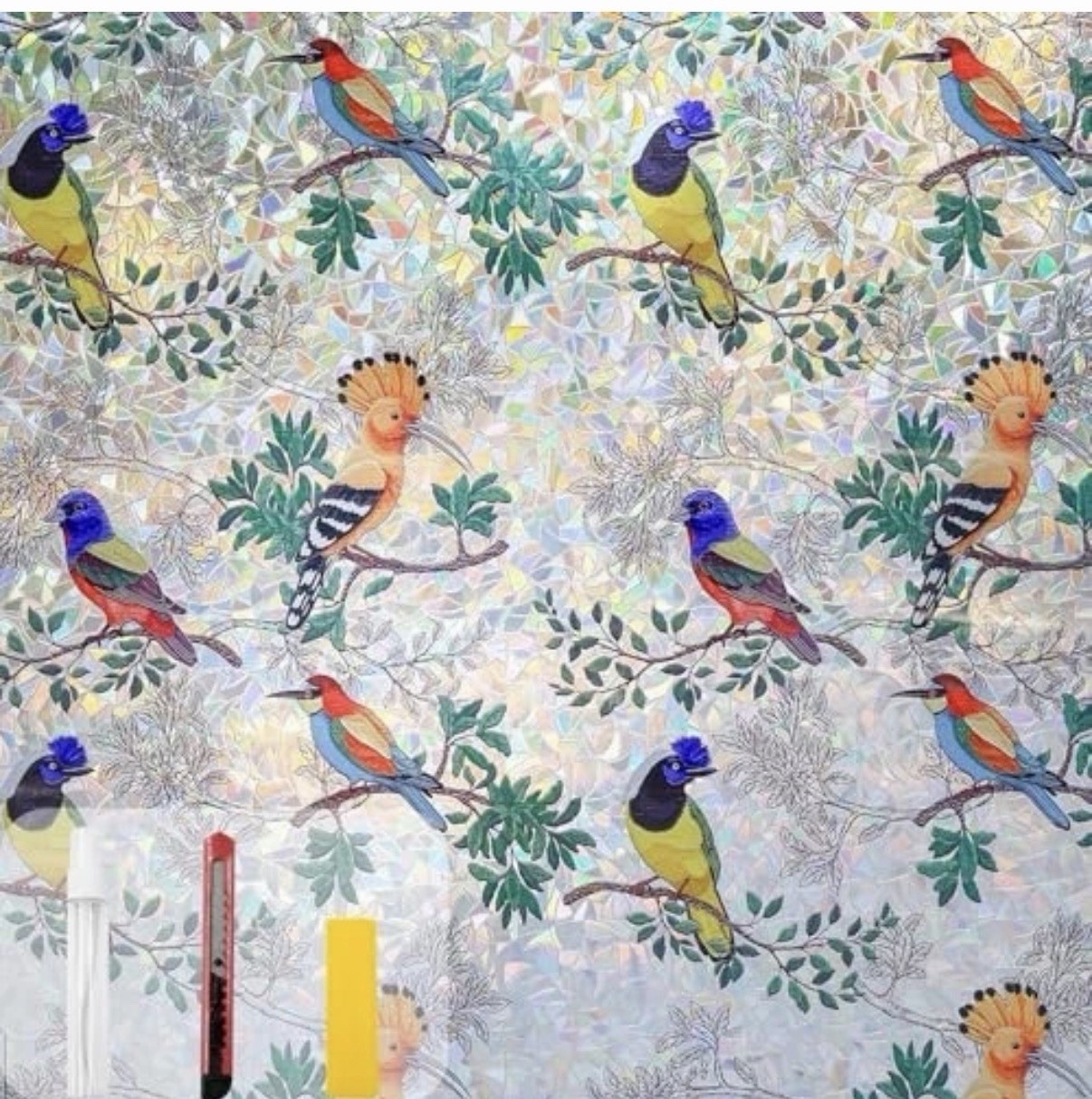 Colorful Bird and Floral Window Privacy Film 23×78