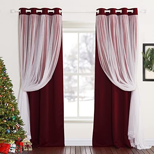 Red Curtains 95 Inches Long Solid Blackout Curtains With White Sheer Overlay 52
