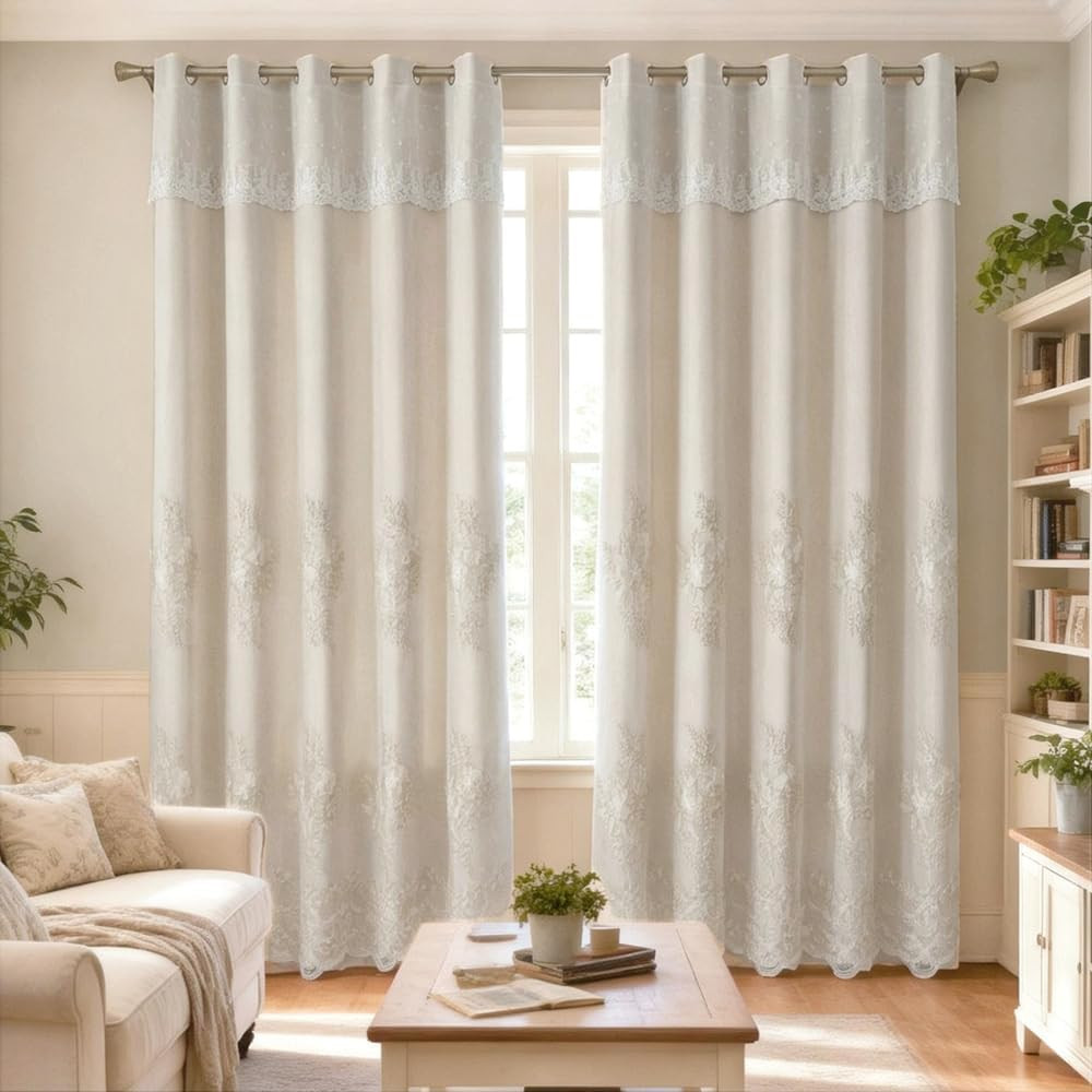 1 Pair European Double Layer Curtains Luxury Flower Embroidered Curtains for Liv