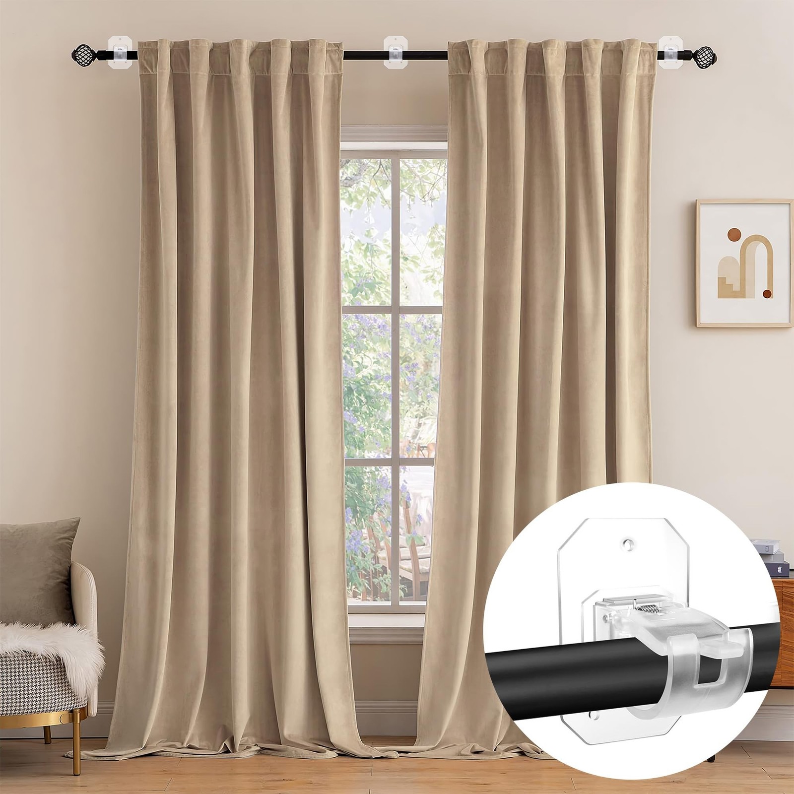 2PCS No Drill Curtain Rod Brackets,Curtain Rod Holders No Drilling,Adhesive C…