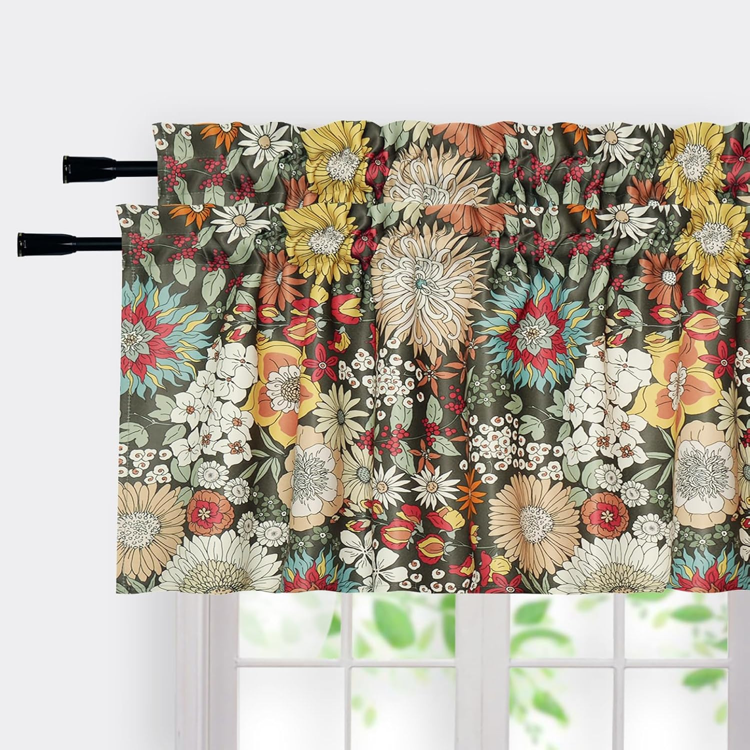 2PC Floral Printed Pastoral Valance, Room Darkening Blackout Valances, Bohemian-