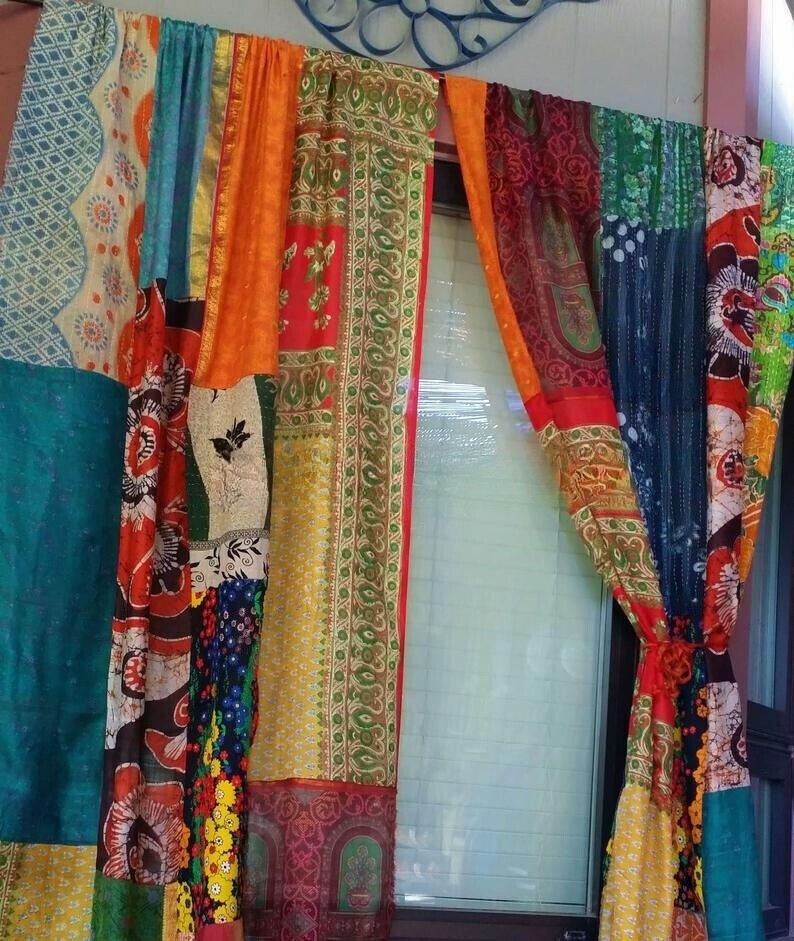 2 Pcs Indian Sari Patchwork Curtain Drape Window Decor Multi Silk Sari Curtain