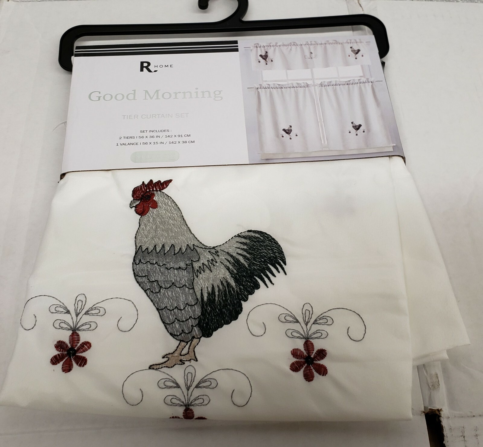 Embroidered Window Curtains Set:2 Tiers 28×36″&Valance 56×15″ MORNING ROOSTER,RH