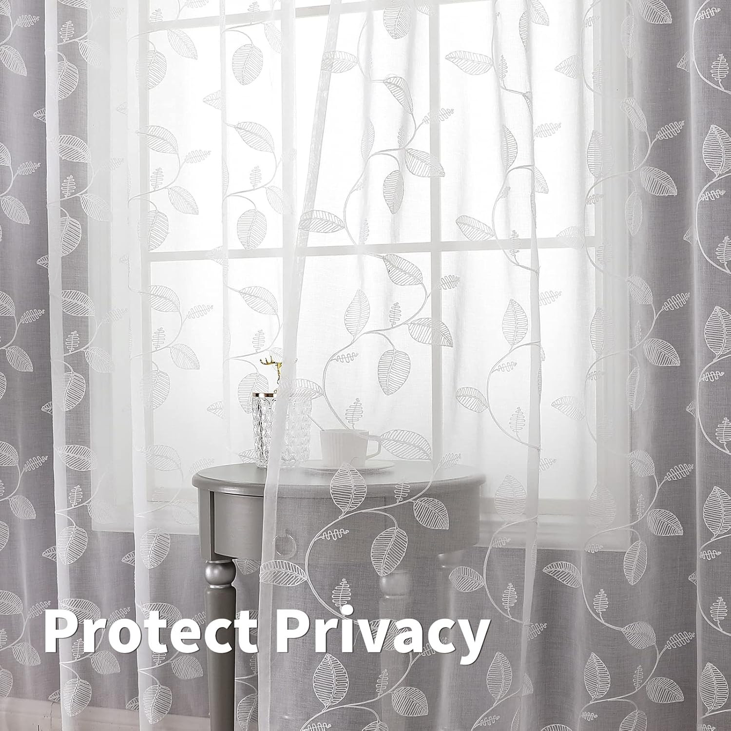 White Sheer Curtains 84 Inches Long 2 Panels – Embroidered Leaf Pattern Semi She