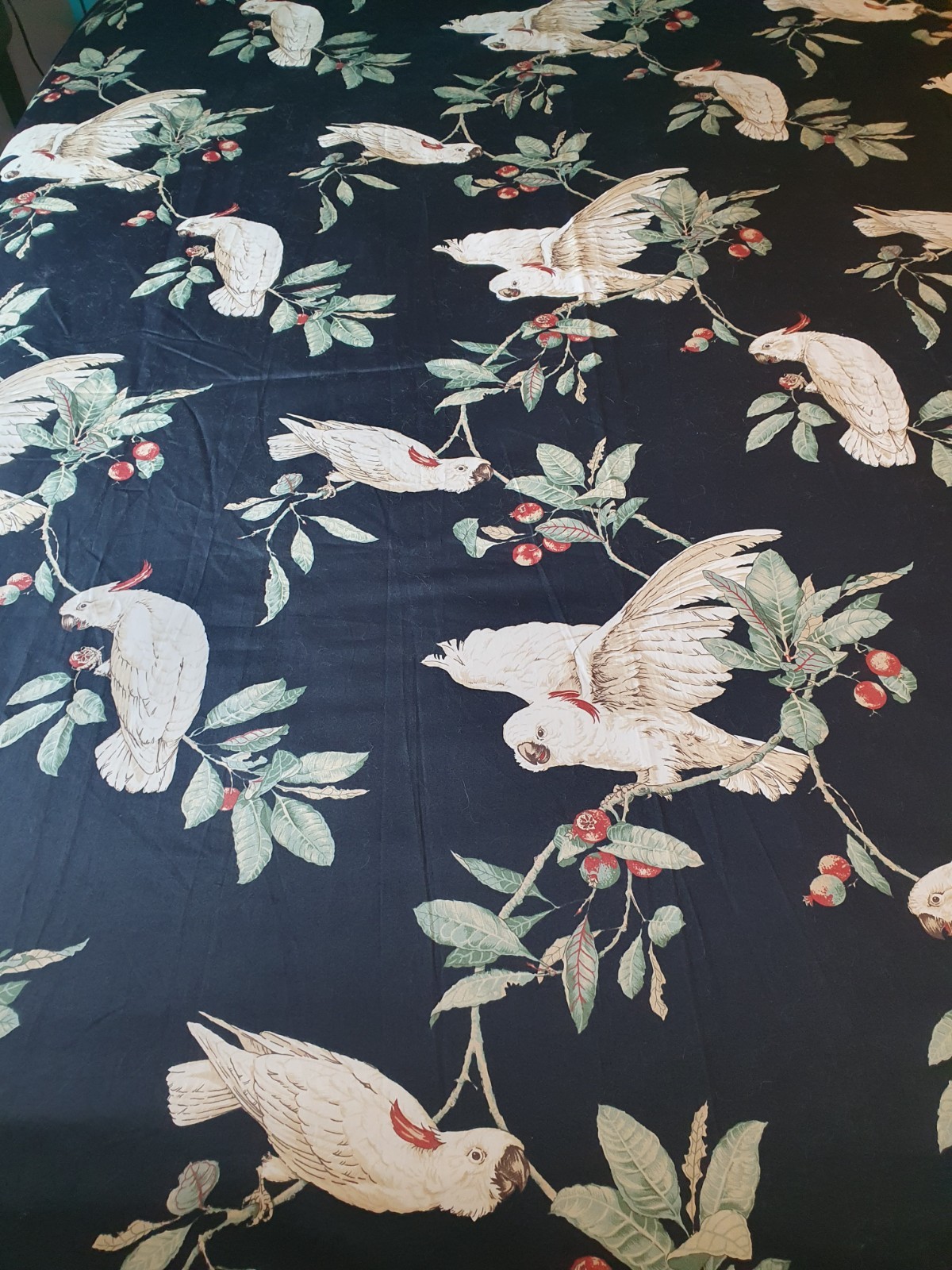 Custom Drapery Panels 2 Lined Unused Black Sateen Birds Leaves 78″x94 Each Panel