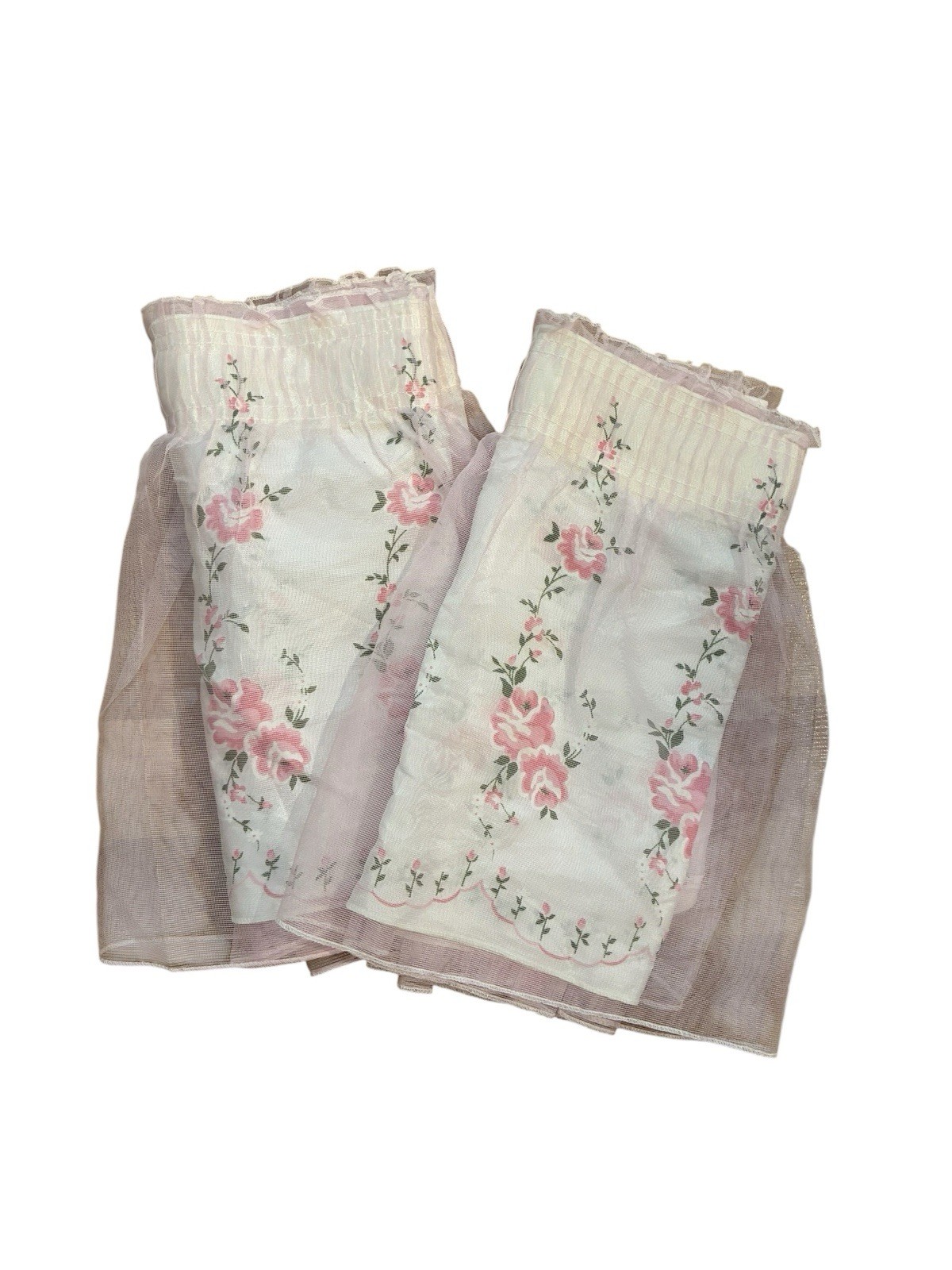 Vintage Pair Of Pink Rose Floral Handmade Rod Pocket Valances 51” X 14”