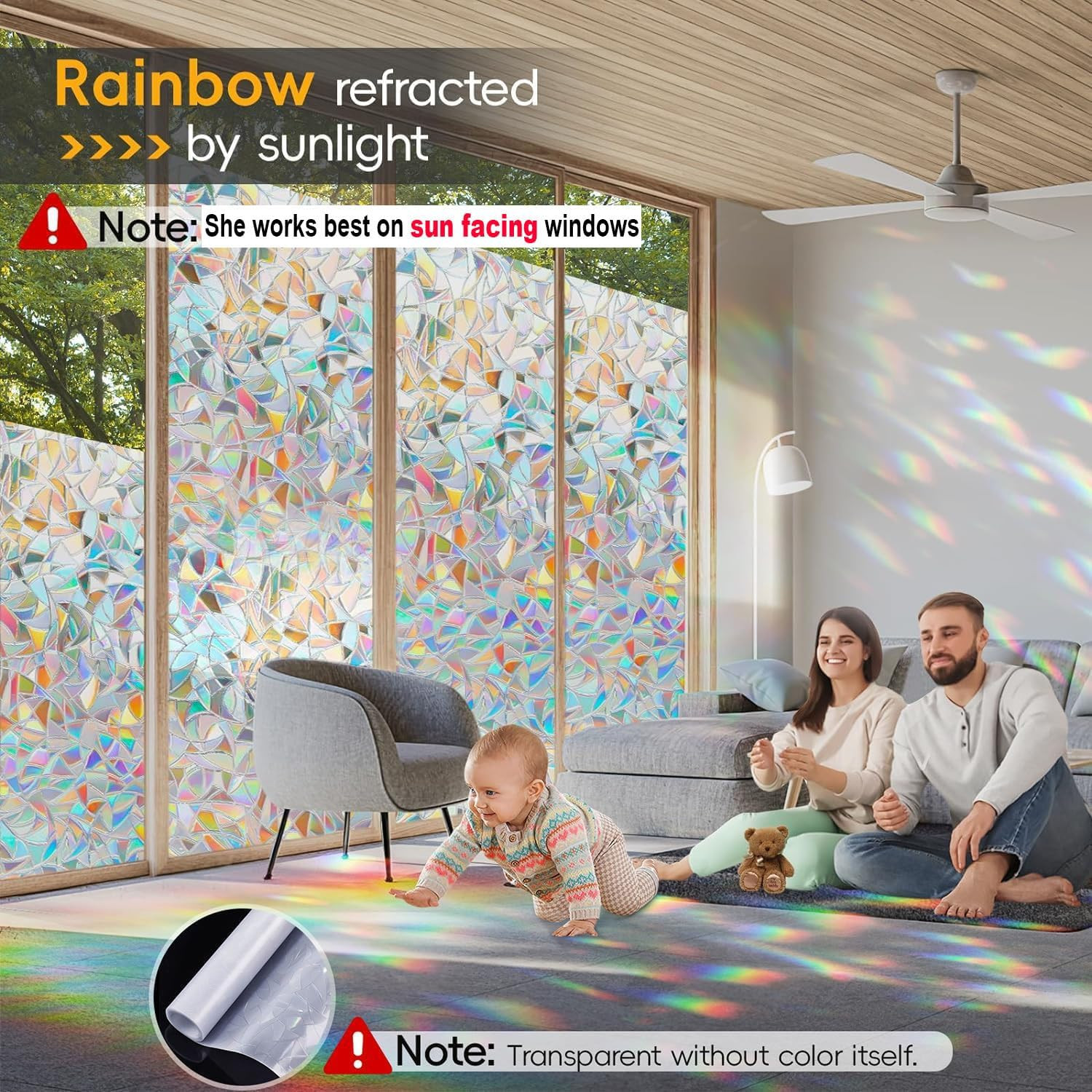 Rainbow Window Privacy Film Static Cling UV Blocking 17.5in x 78.7in