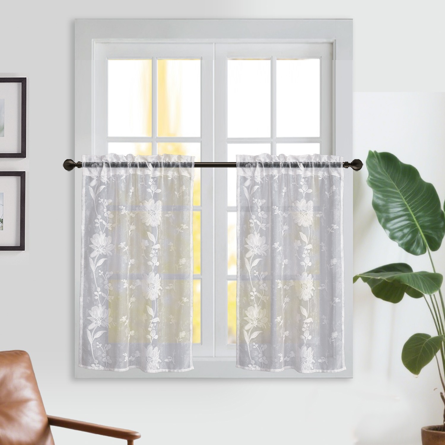 2 Panels White Floral Sheer Curtain, Rod Pocket Cafe Voile Drape, 26x36inch