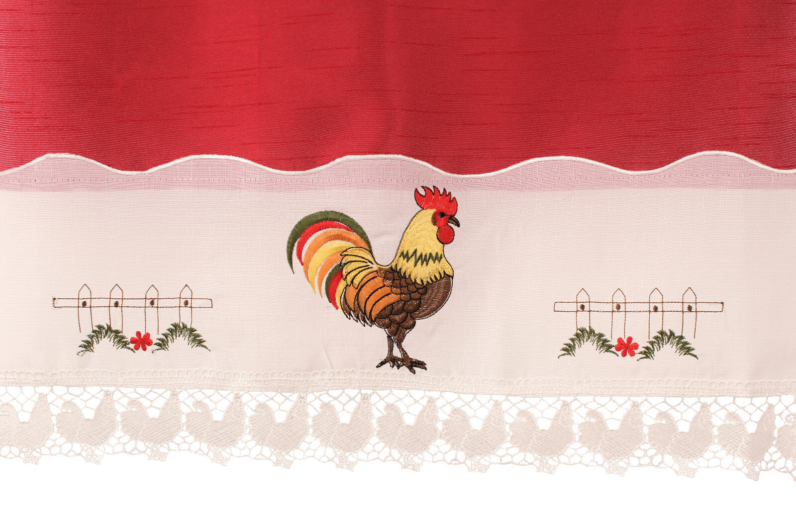 Rooster Macrame Embroidery Design Kitchen Curtain with Swag and Tier Set 36 inch